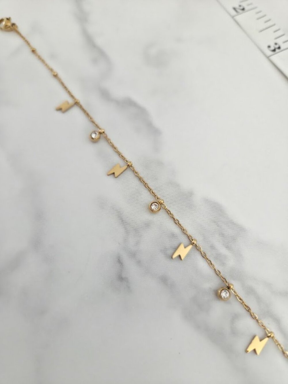 Gold Lightning Bolt & Crystal Charm Anklet Dainty Stainless Steel Jewelry - Picture 12 of 15